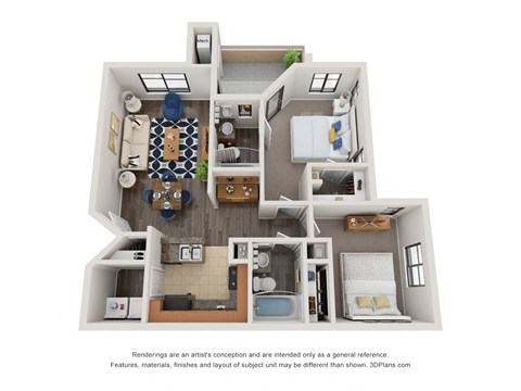 Floor plan for 2 beds, 2 baths, 938 sqft